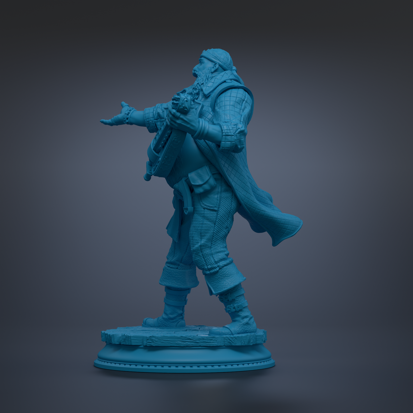 A blue statue of a person standing on a pedestal.