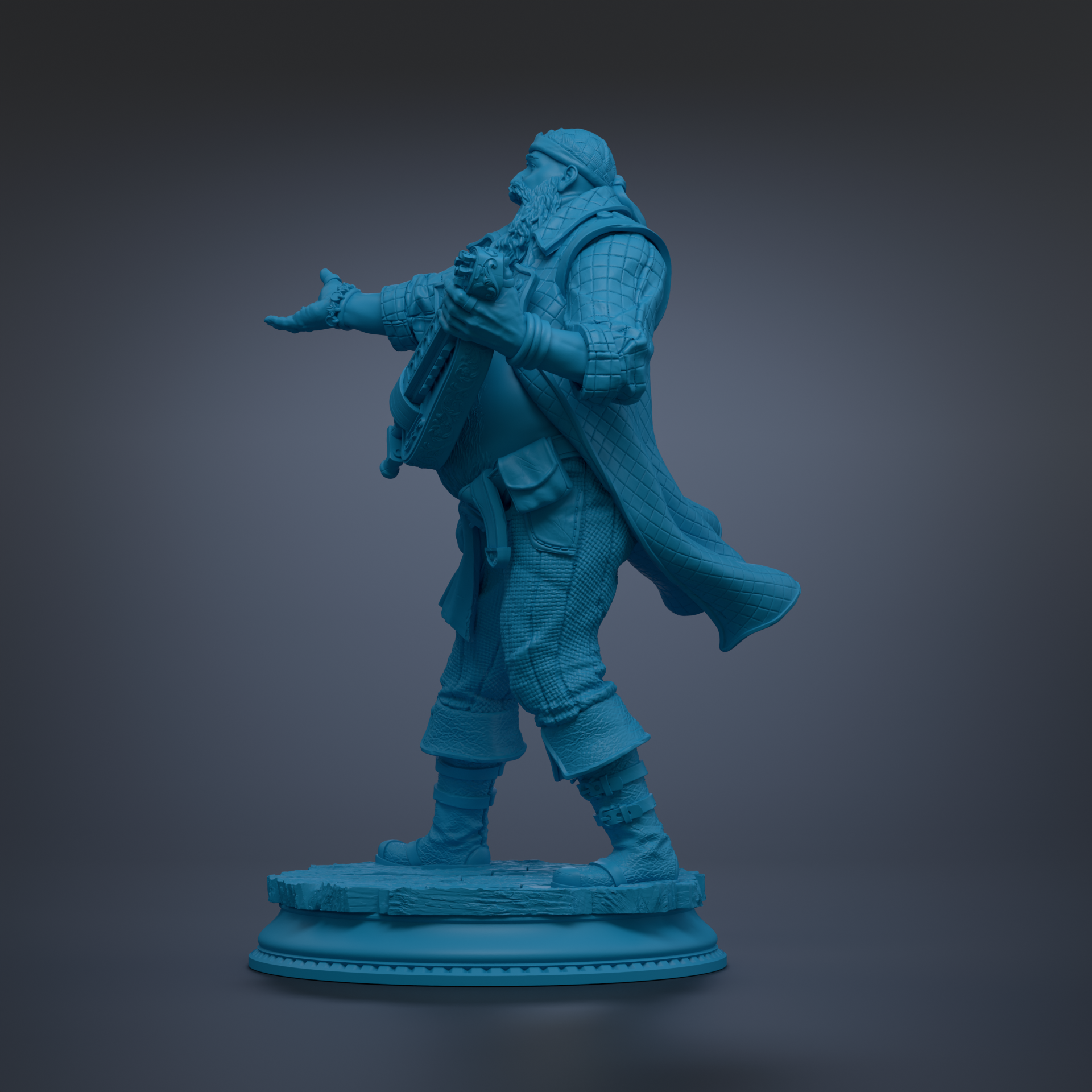 A blue statue of a person standing on a pedestal.