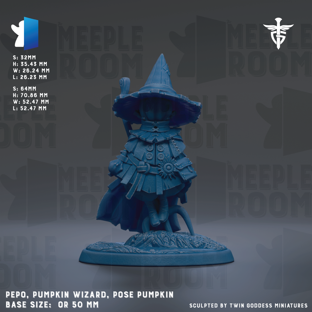 The image is a detailed model of a pumpkin wizard, a character from the video game Meeple Room. The pumpkin wizard is shown in a pose, standing on a base and wearing a pointed hat. The image is described as a base size of 50 mm or a base size of 5.22 mm. The image is a sculpture, and it is a part of the Meeple Room series.