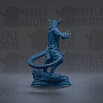 A blue statue of a muscular, horned figure with a long tail, standing on a platform against a dark background with repeated text.