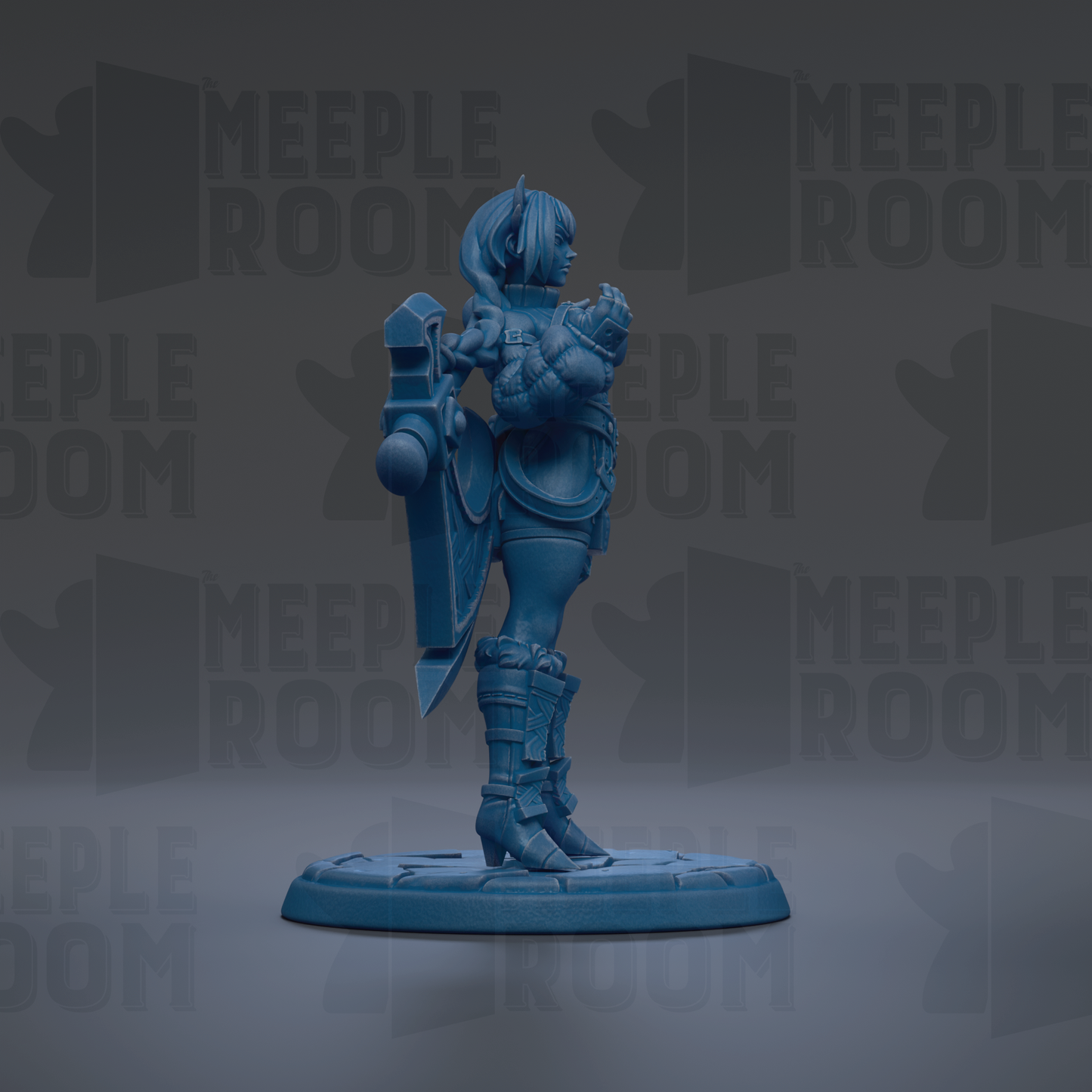 A blue figurine of a female character with a sword and shield stands on a platform against a dark background with repeated text.
