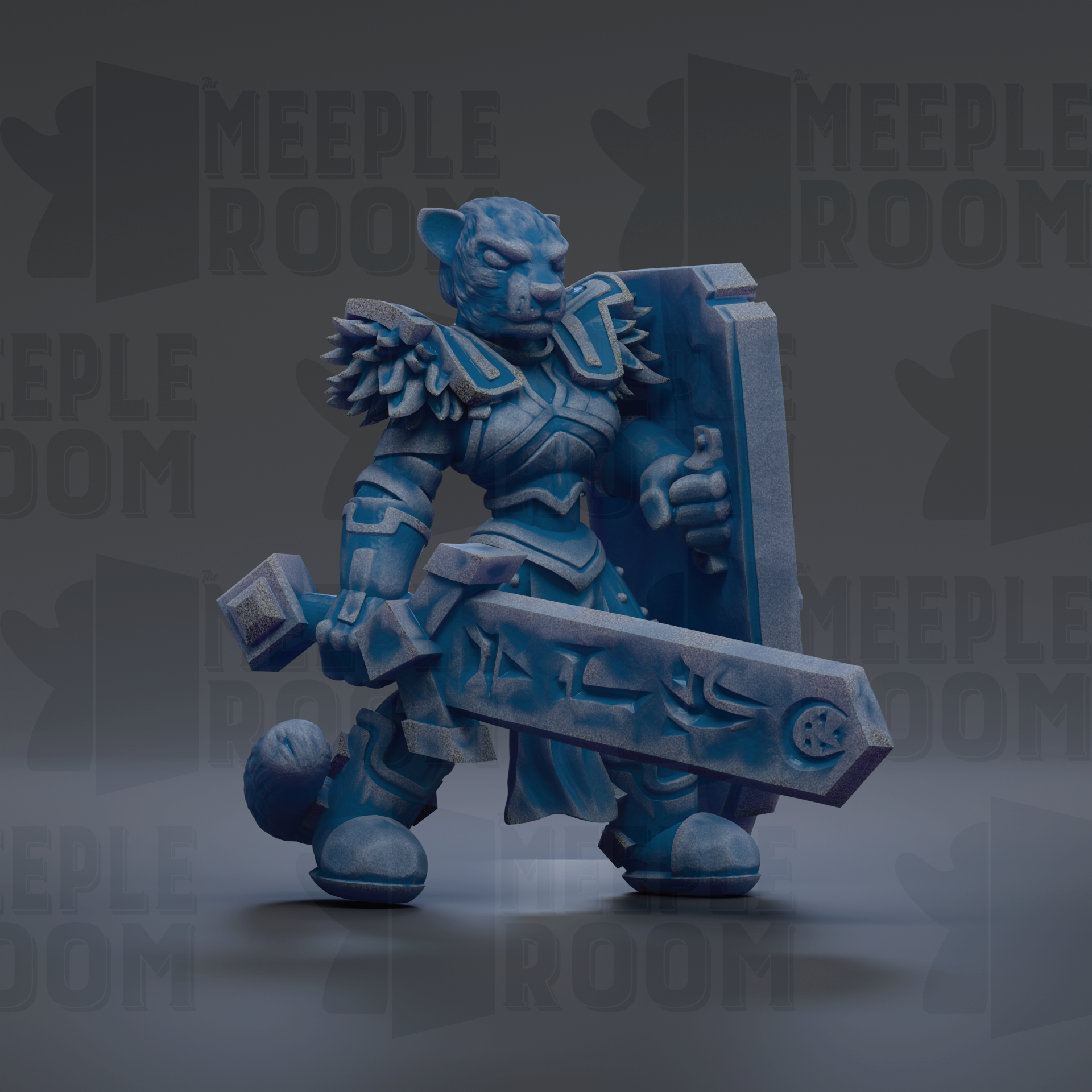 A blue, armored warrior figure holding a large shield with a symbol on it, standing against a dark background with repeated text.