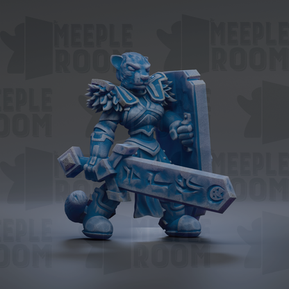 A blue, armored warrior figure holding a large shield with a symbol on it, standing against a dark background with repeated text.