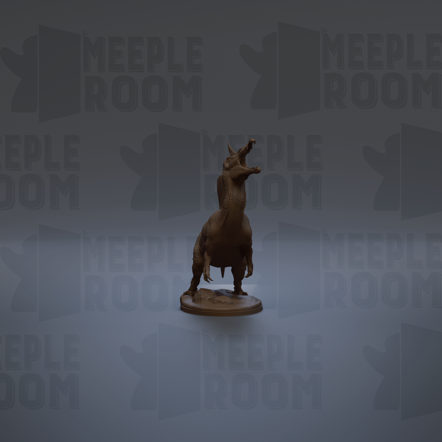 a brown dinosaur figurine standing on a circular base against a gray background with repeated text.