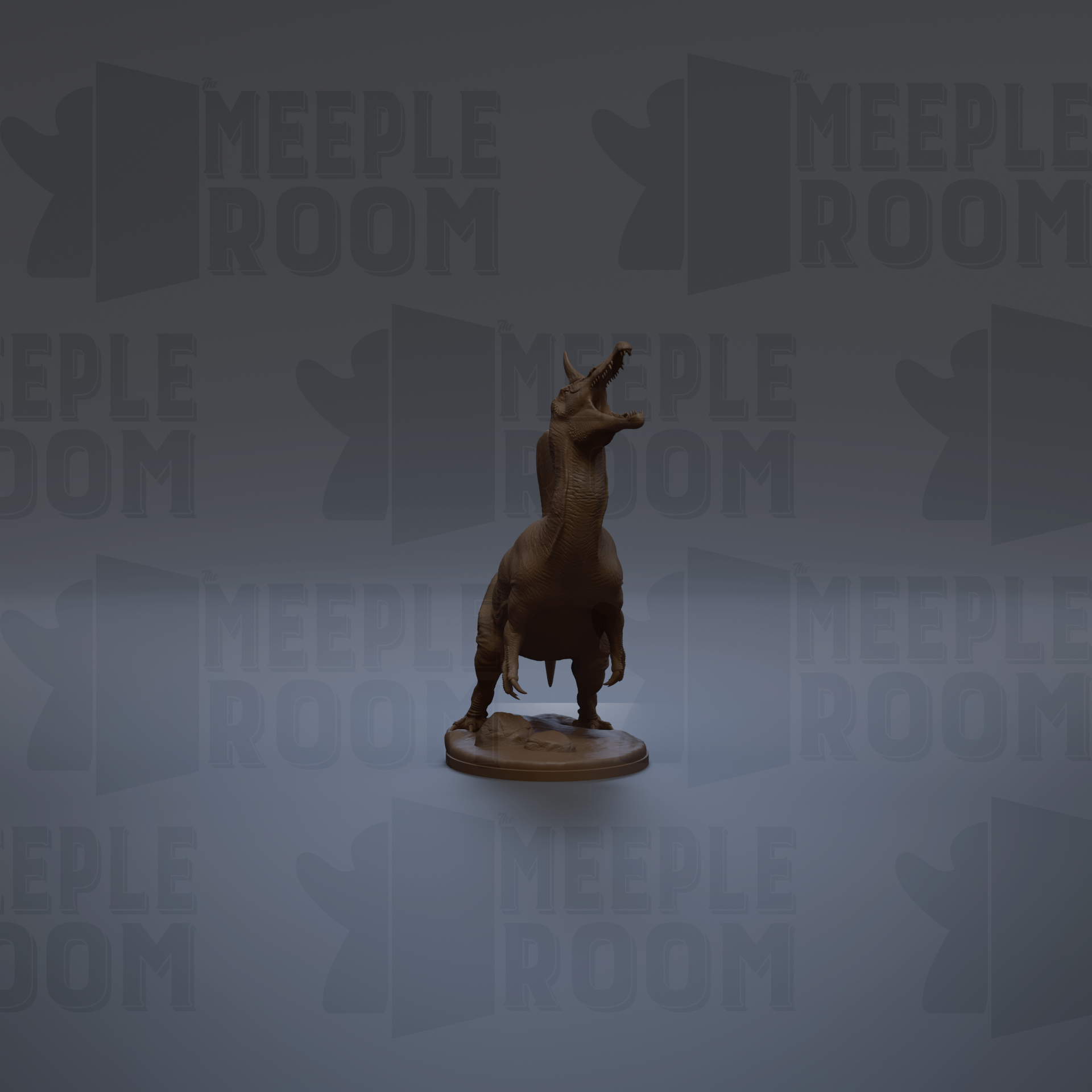 a brown dinosaur figurine standing on a circular base against a gray background with repeated text.