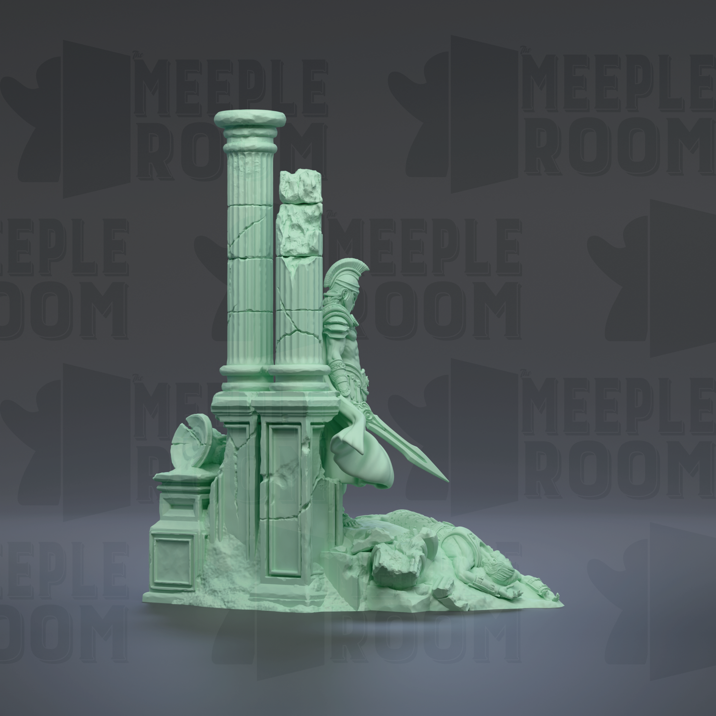 a green statue of a person holding a sword and shield, standing on a pile of rubble.