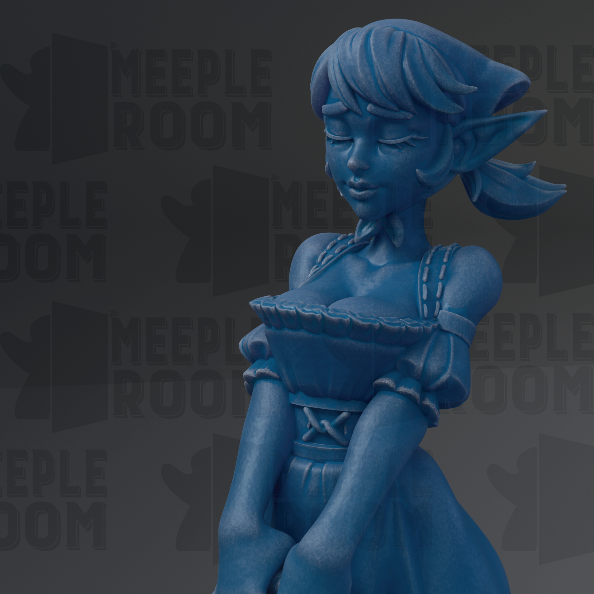 A blue statue of a woman with a pensive expression, wearing a dress and holding a basket.