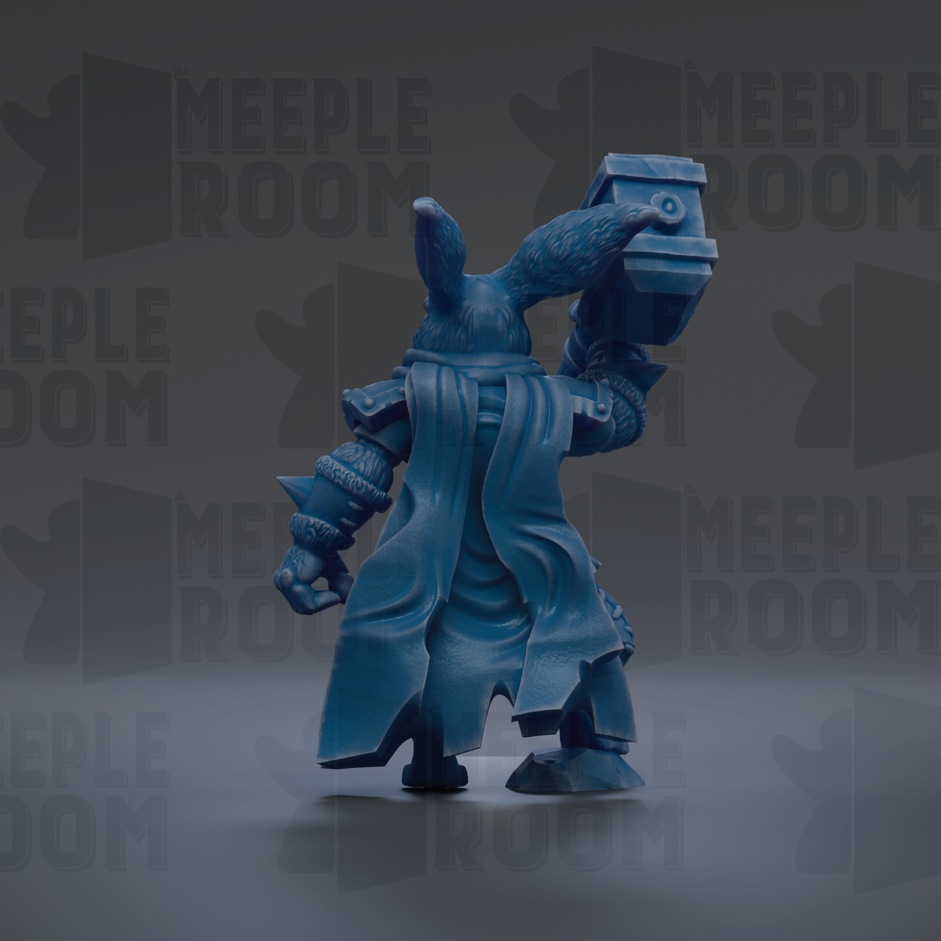 A blue, 3D-rendered fantasy character with a flowing cape and a large hammer in its hand, standing against a dark background with repeated text.