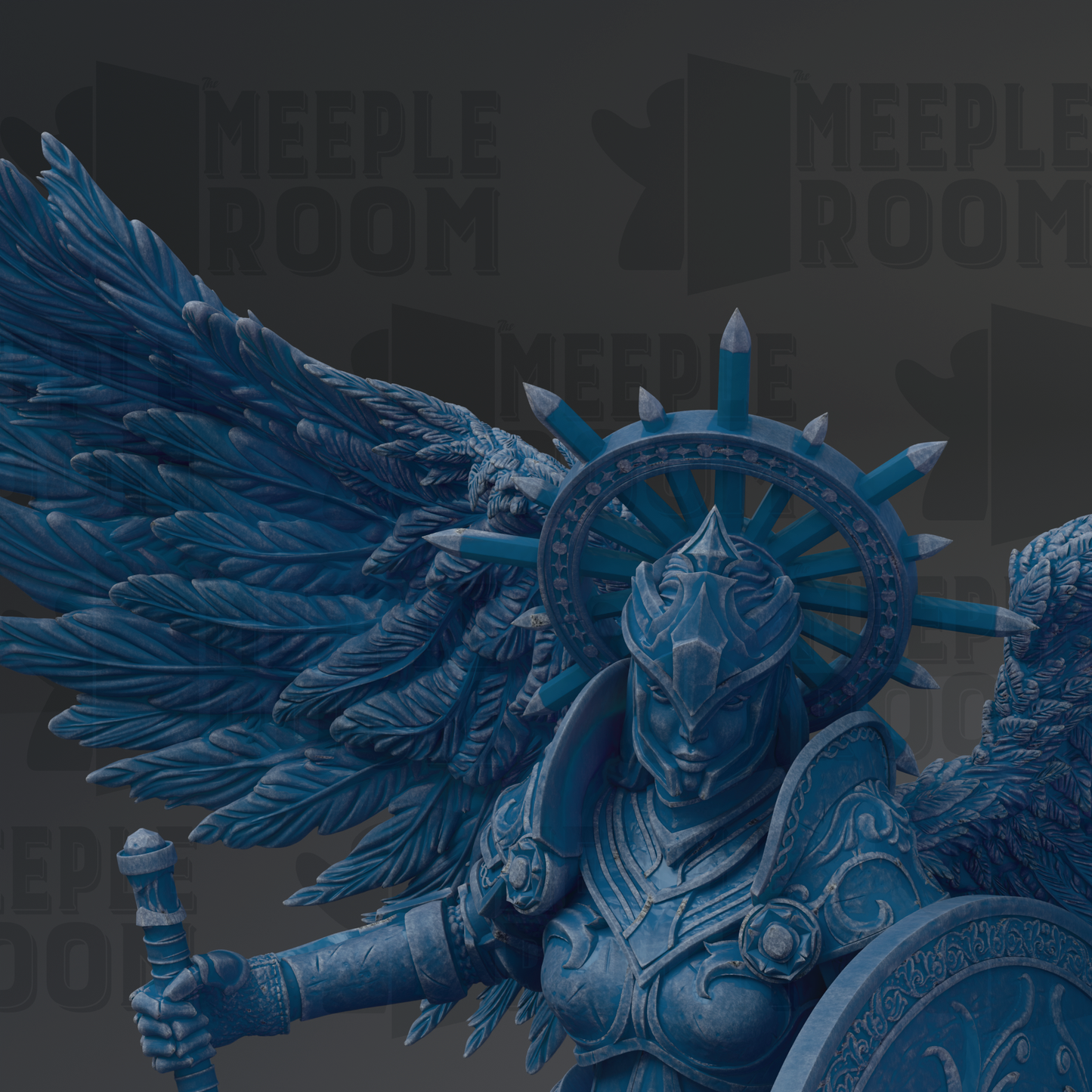 A detailed 3D rendering of a winged warrior figure, with intricate armor and a large shield, set against a dark background with repeated text.