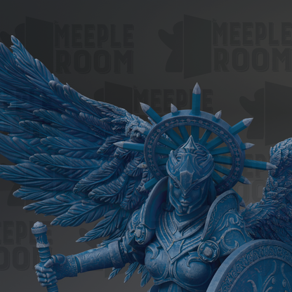 A detailed 3D rendering of a winged warrior figure, with intricate armor and a large shield, set against a dark background with repeated text.