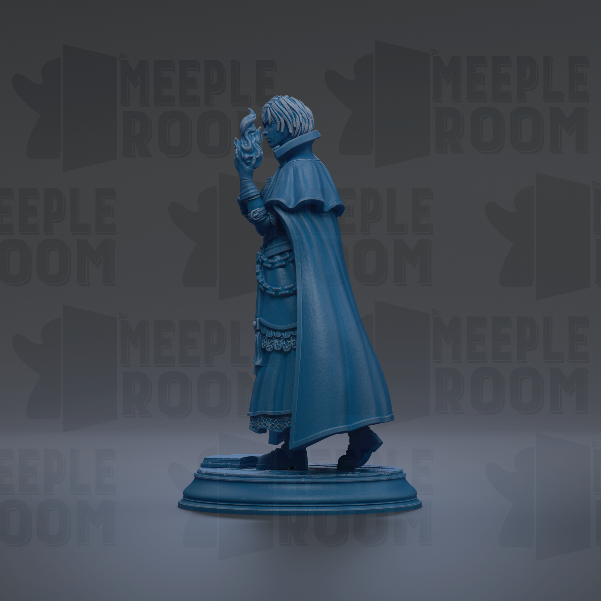 A blue statue of a person standing on a pedestal, wearing a cape and holding a staff.