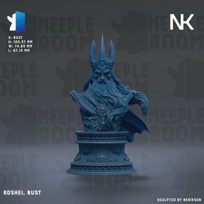 a detailed blue bust sculpture of a bearded man wearing a crown, set against a dark background with repeated text.