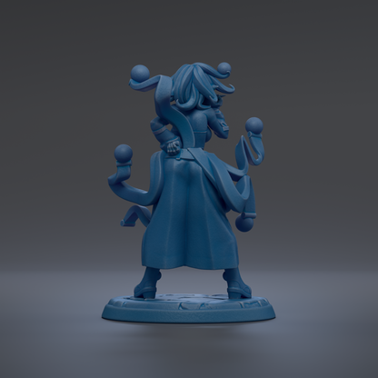 A blue figurine of a person with multiple arms and a large head, standing on a base.