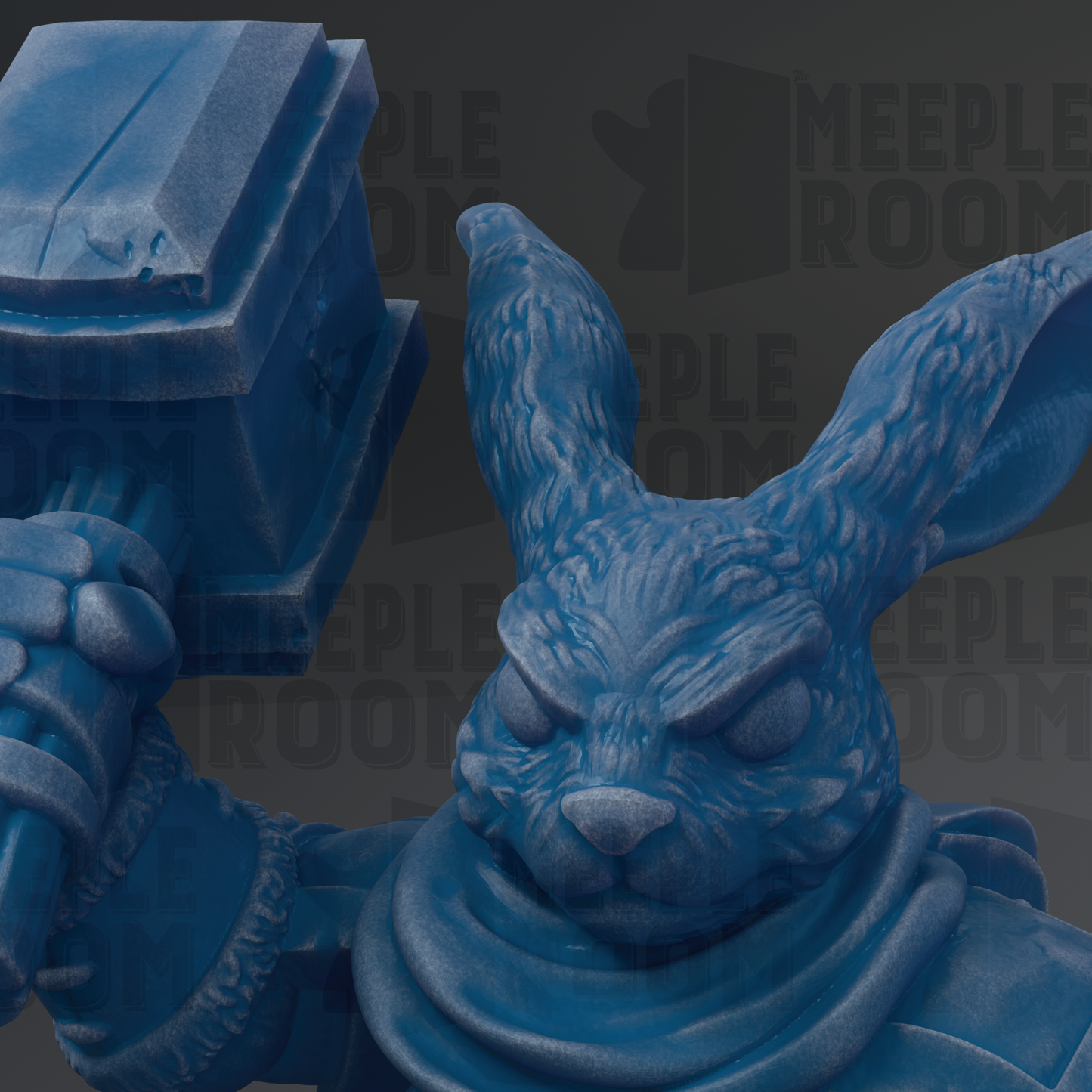 A close-up of a blue, cartoonish rabbit statue holding a hammer.