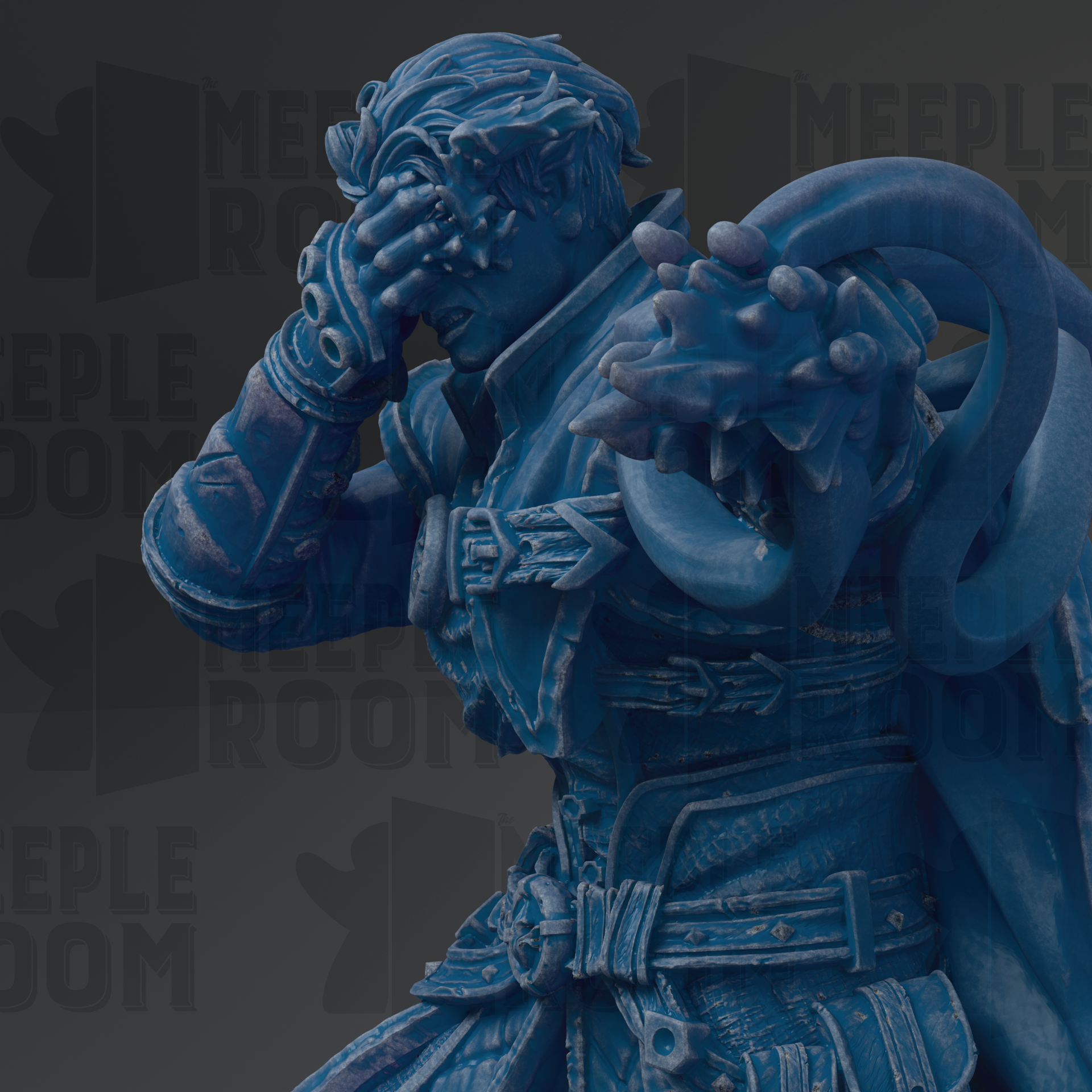 A close-up of a blue statue depicting a figure with a crest, wearing a helmet and holding a shield.