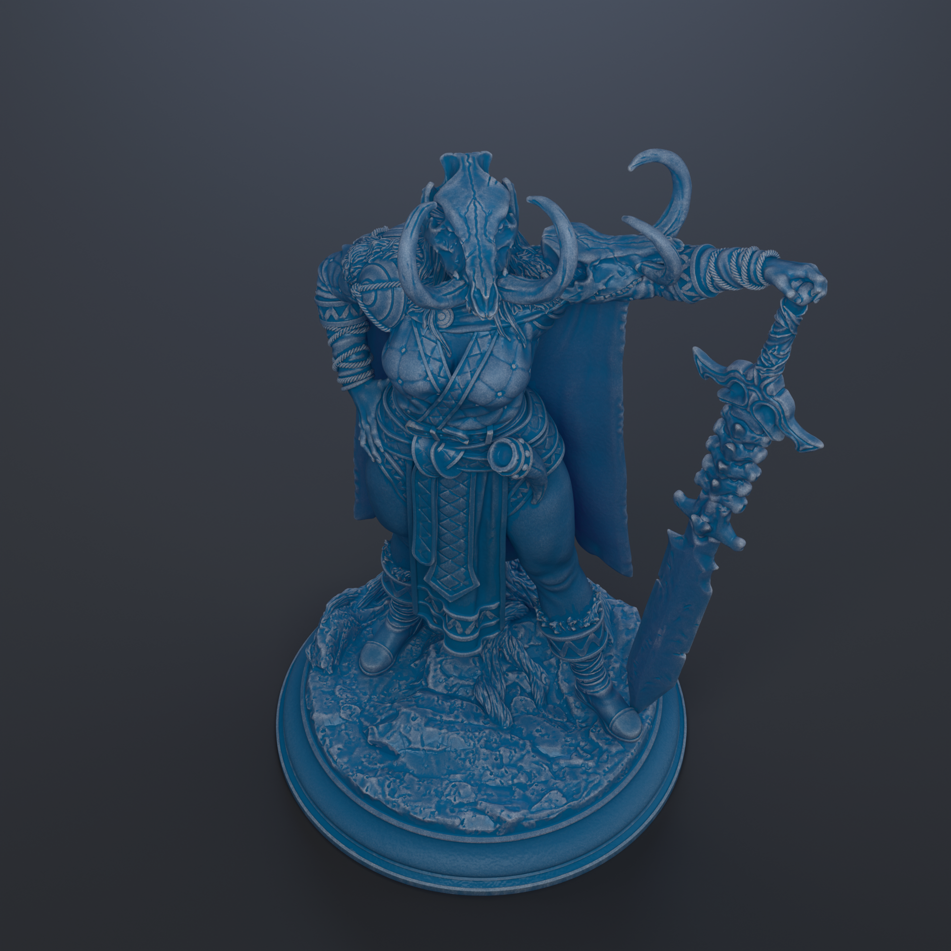 A blue, 3D-rendered statue of a warrior figure holding a sword and shield, standing on a base.