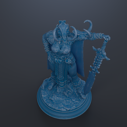 A blue, 3D-rendered statue of a warrior figure holding a sword and shield, standing on a base.