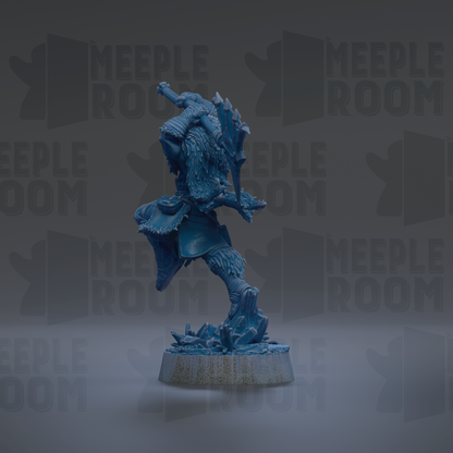 A blue figurine of a warrior standing on a base, with the text "MEEPLE ROOM" repeated in the background.