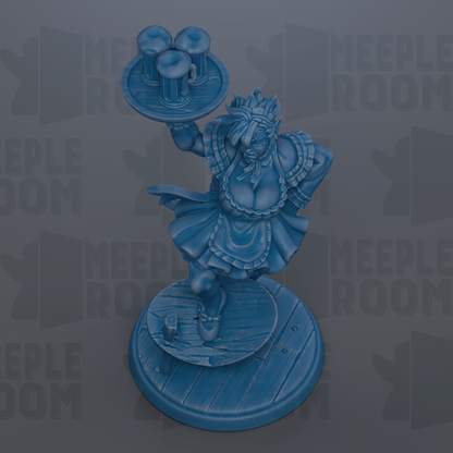 A blue figurine of a maid or housekeeper holding a tray with three cups, standing on a wooden base.