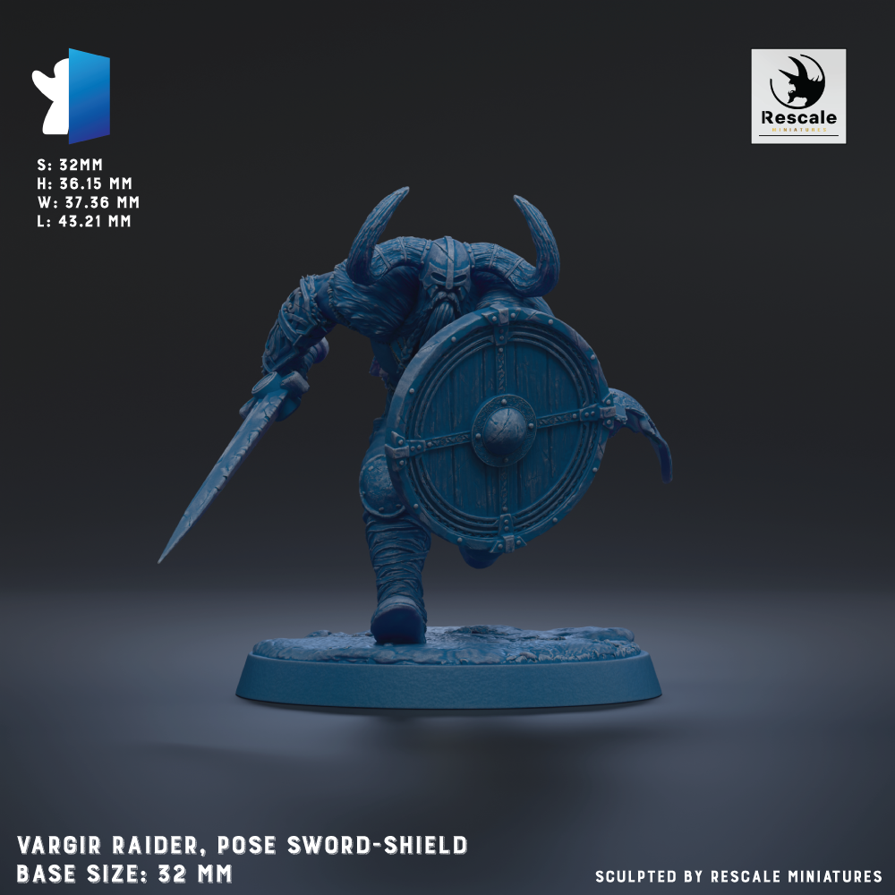 A 3D model of a warrior figure, specifically a Vargir RAIDER, posed with a sword and shield. The base size of the figure is 32mm.