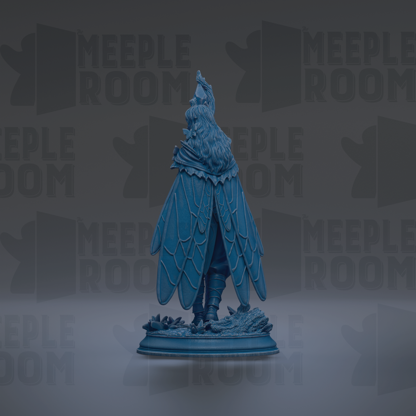 A blue statue of a winged figure stands on a pedestal against a dark background with repeated "MEIPLLE ROOM" text.