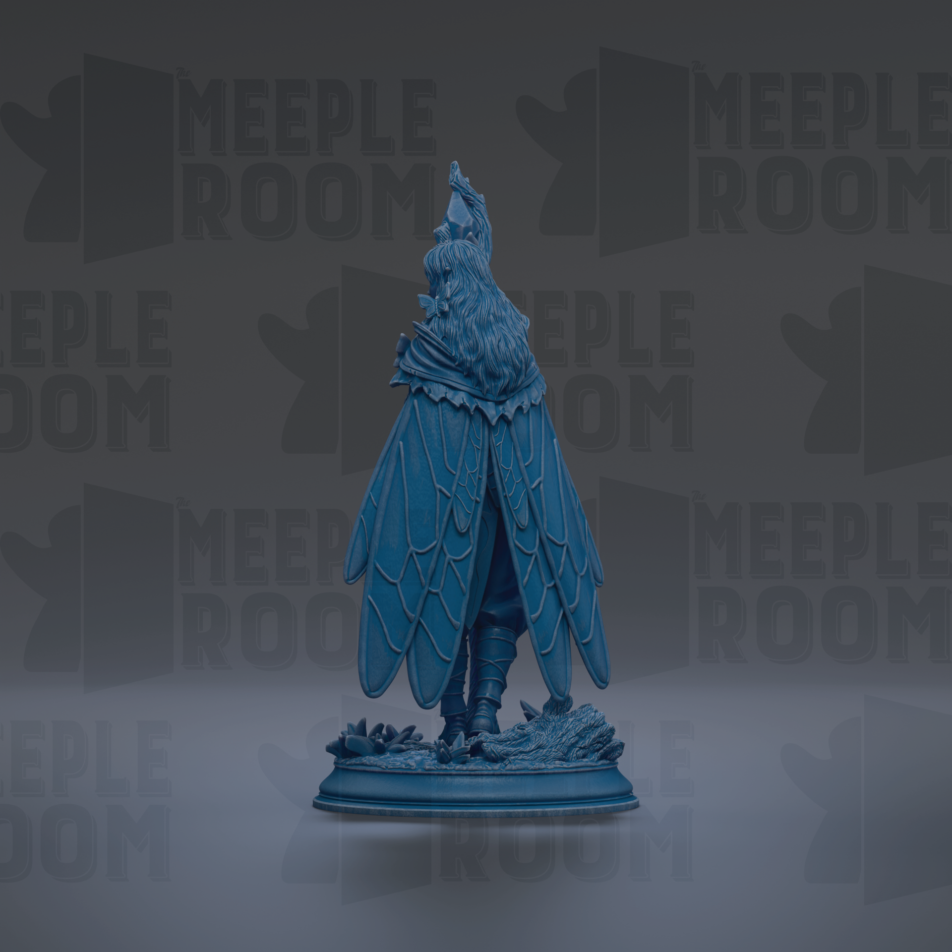 A blue statue of a winged figure stands on a pedestal against a dark background with repeated "MEIPLLE ROOM" text.