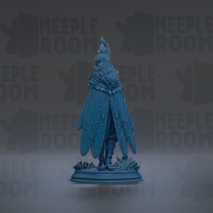 A blue statue of a winged figure stands on a pedestal against a dark background with repeated "MEIPLLE ROOM" text.