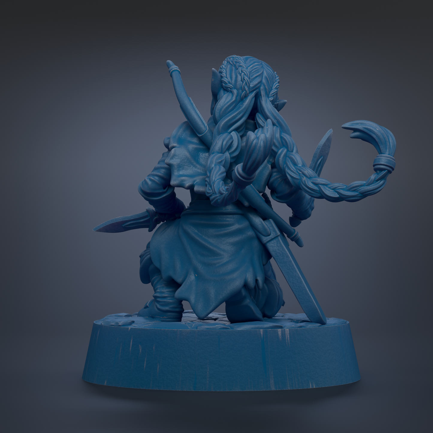 A blue 3D model of a female character with long hair, holding a sword and shield, standing on a pedestal.