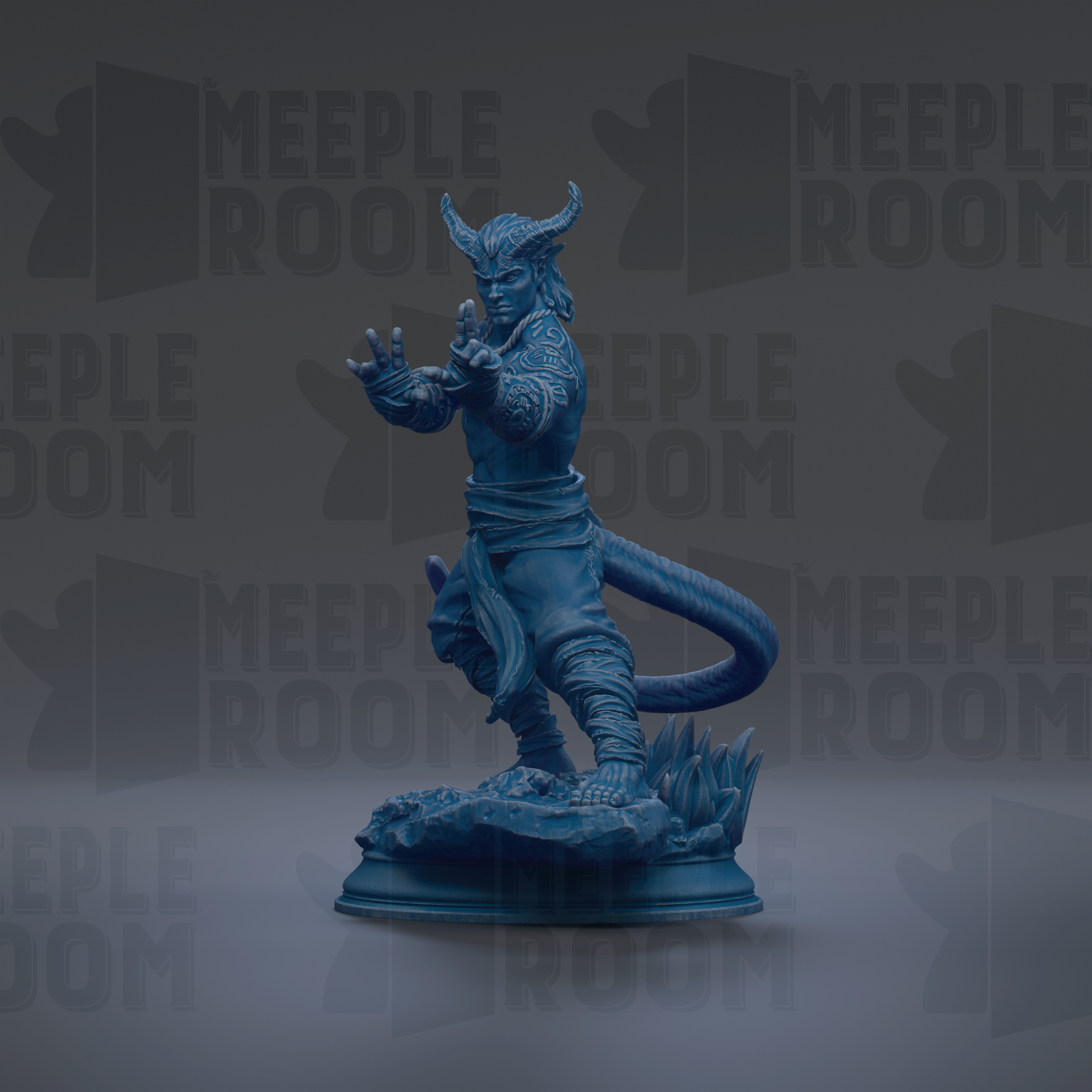 A blue figurine of a dragon-like creature with horns and a tail, standing on a rock formation against a dark background with repeated text.