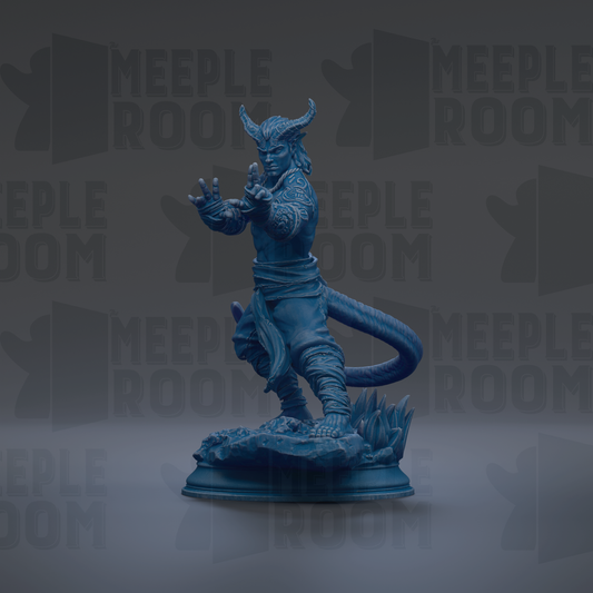 A blue figurine of a dragon-like creature with horns and a tail, standing on a rock formation against a dark background with repeated text.