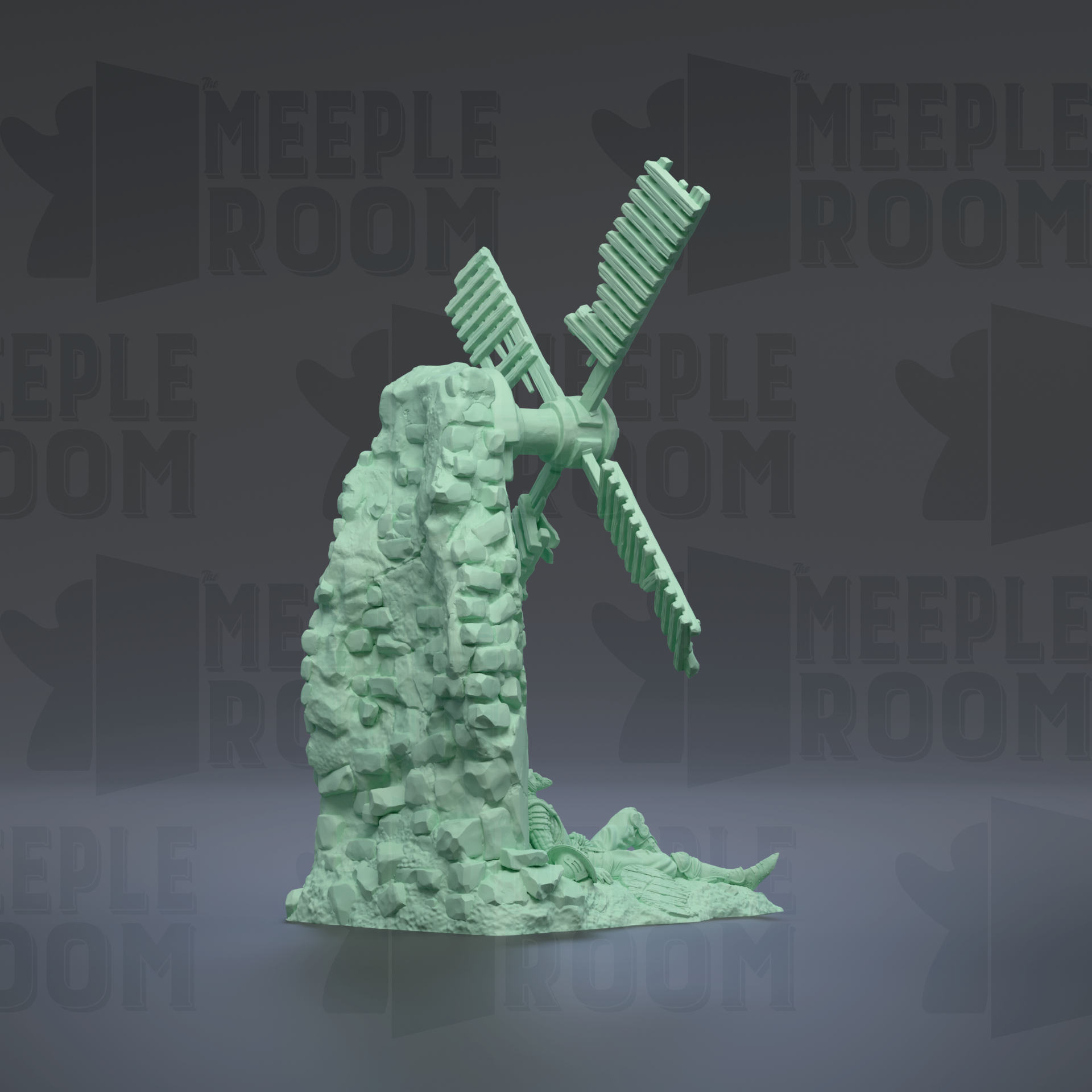 A green, 3D-rendered windmill sculpture stands on a pile of rubble against a dark background with repeated "MEIPLLE ROOM" text.