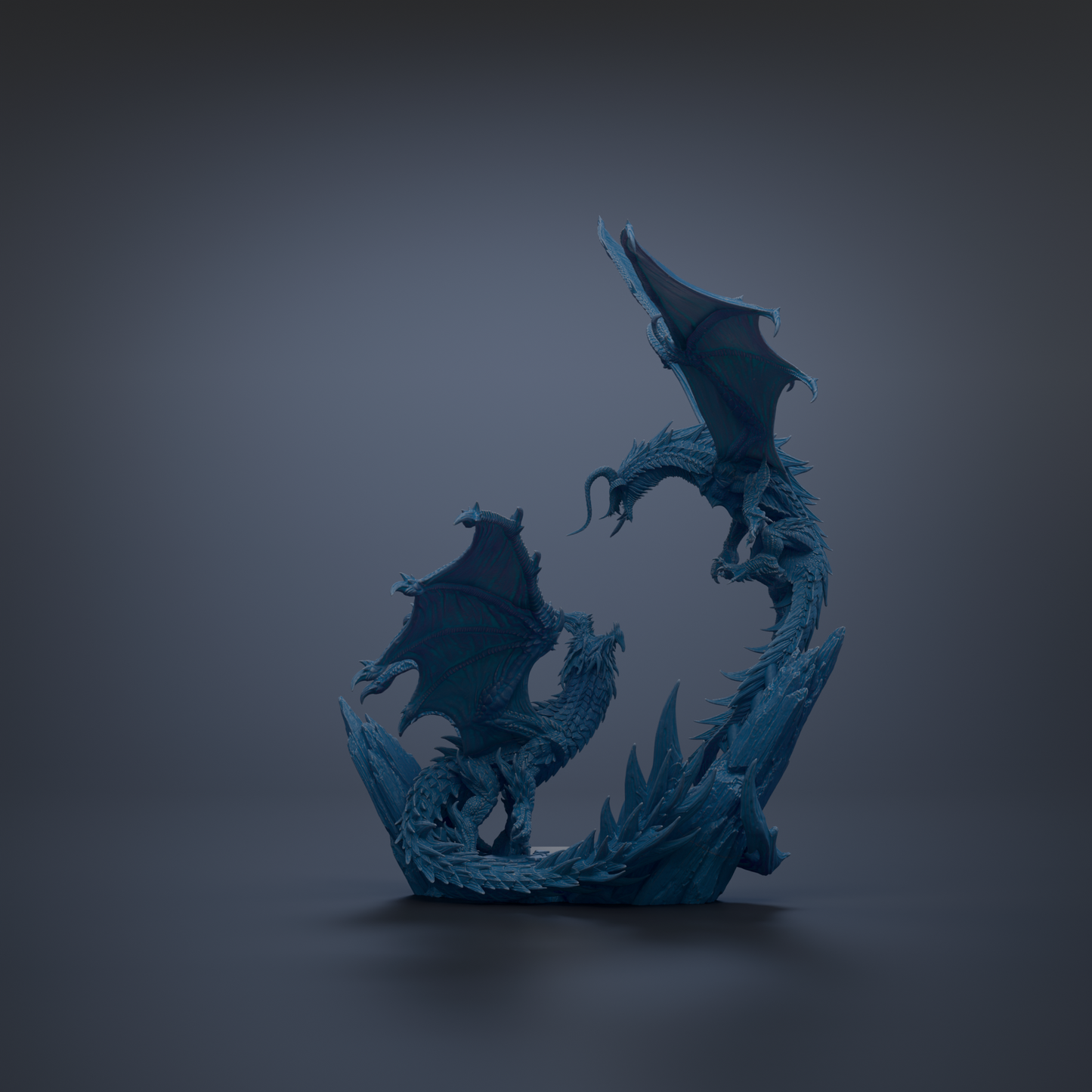 A 3D rendering of a blue dragon statue with wings spread, standing on a rock formation against a dark background.