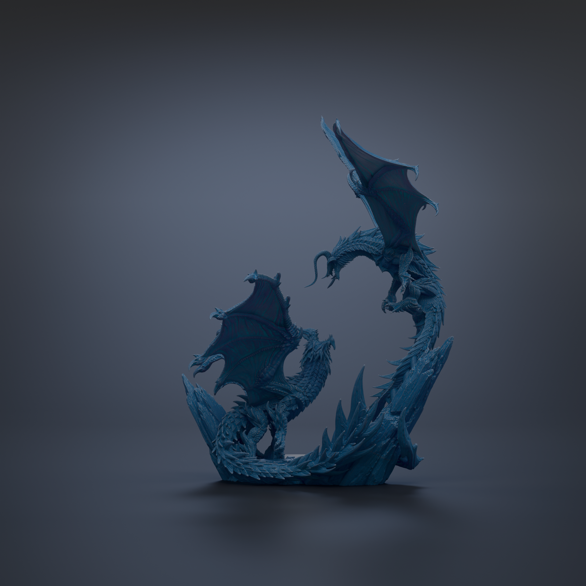A 3D rendering of a blue dragon statue with wings spread, standing on a rock formation against a dark background.