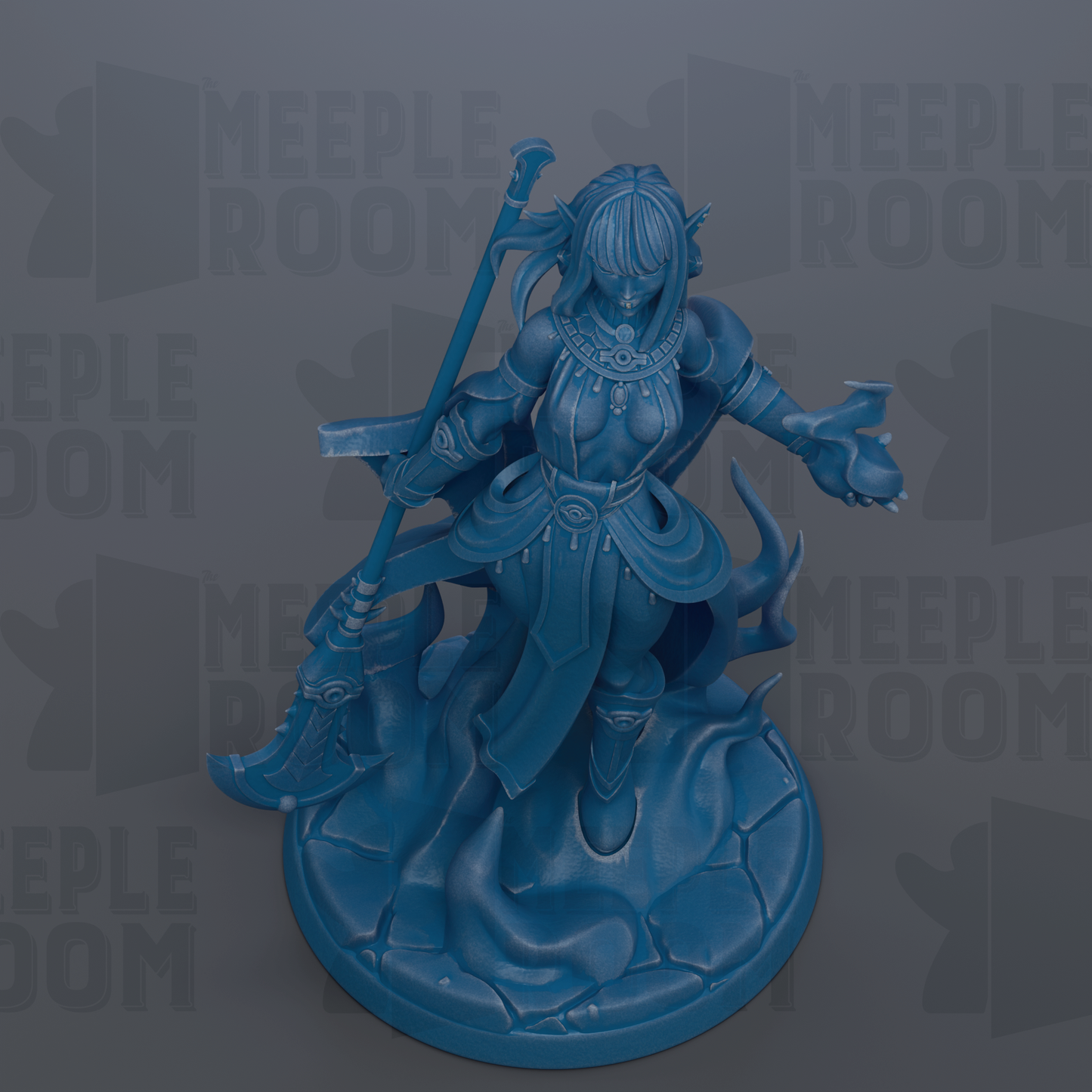 A blue figurine of a female character with a sword and shield, standing on a pedestal.