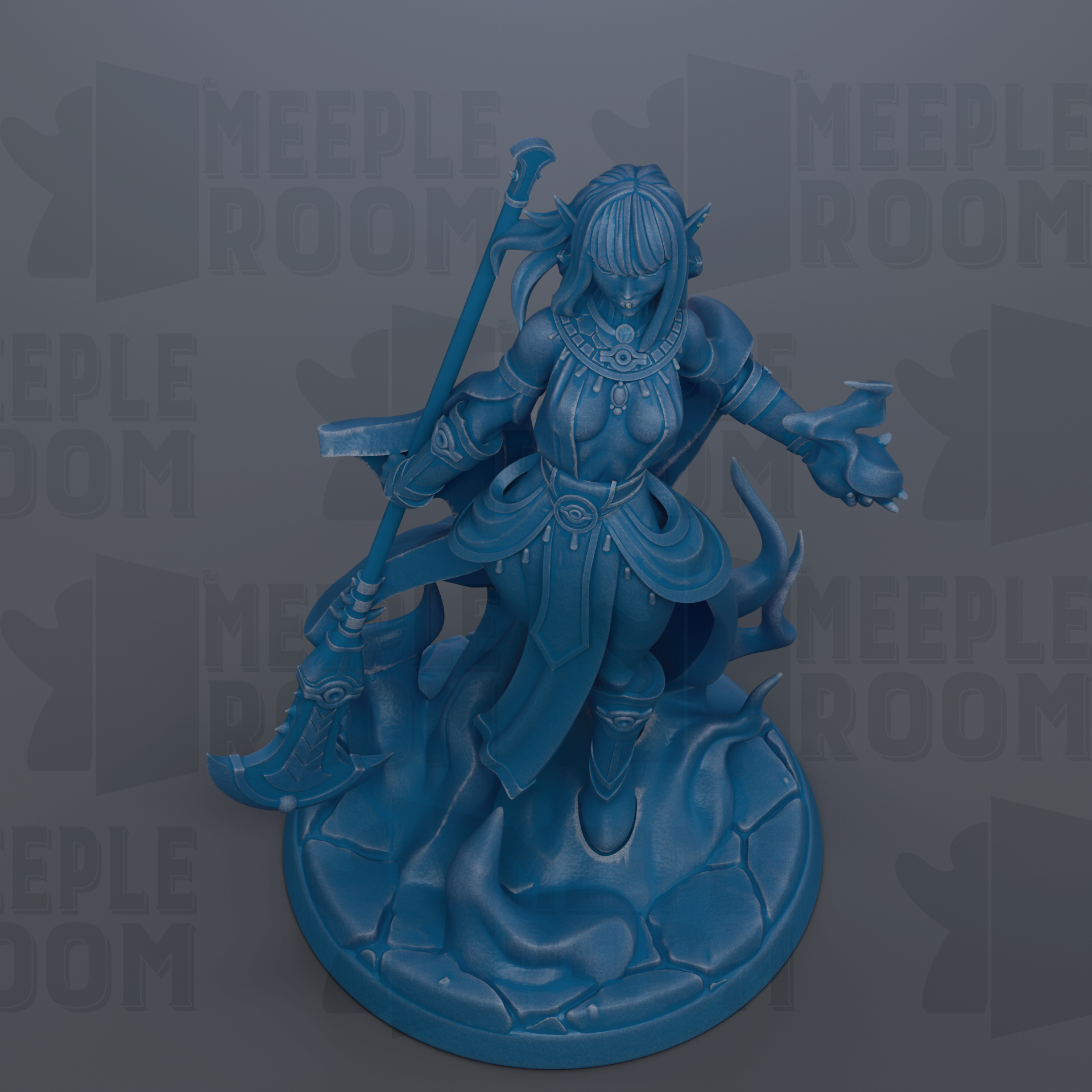 A blue figurine of a female character with a sword and shield, standing on a pedestal.
