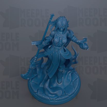 A blue figurine of a female character with a sword and shield, standing on a pedestal.