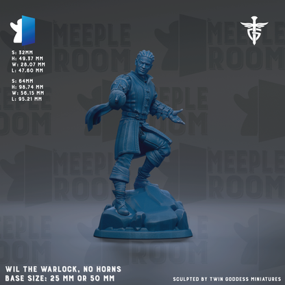 A figurine of a warrior figure, likely representing the character Wil the Warlock, is shown against a dark background. The figurine is described as a base size of 25mm or 50mm, and it is sculpted by Twin Goddess miniatures.