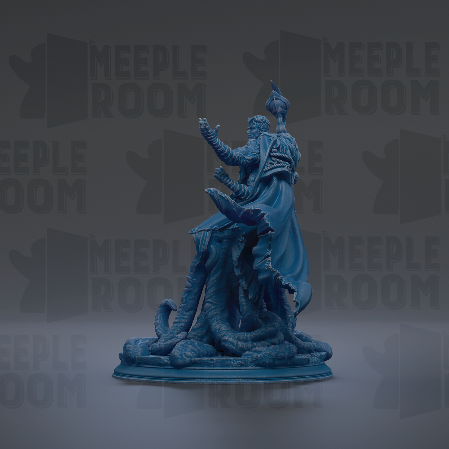 A blue statue of a figure with outstretched arms, standing on a pedestal.