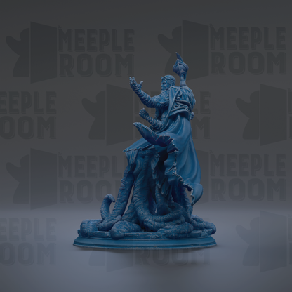 A blue statue of a figure with outstretched arms, standing on a pedestal.