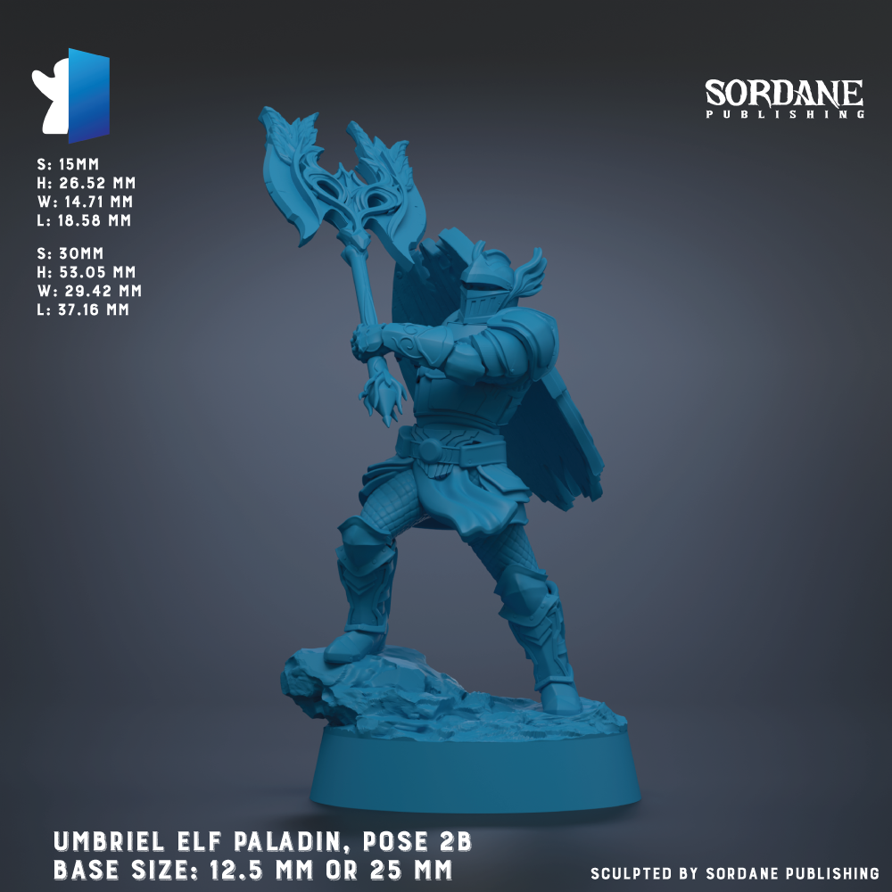 The image is a detailed model of an Umbriel Elf paladin, a fantasy character from the video game series of the same name. The model is posed in a standing position, holding a large weapon in its right hand. The base size of the model is 12.5 mm or 25 mm, depending on the perspective. The image is a collage of multiple images, and it is published by Sordane Publishing.