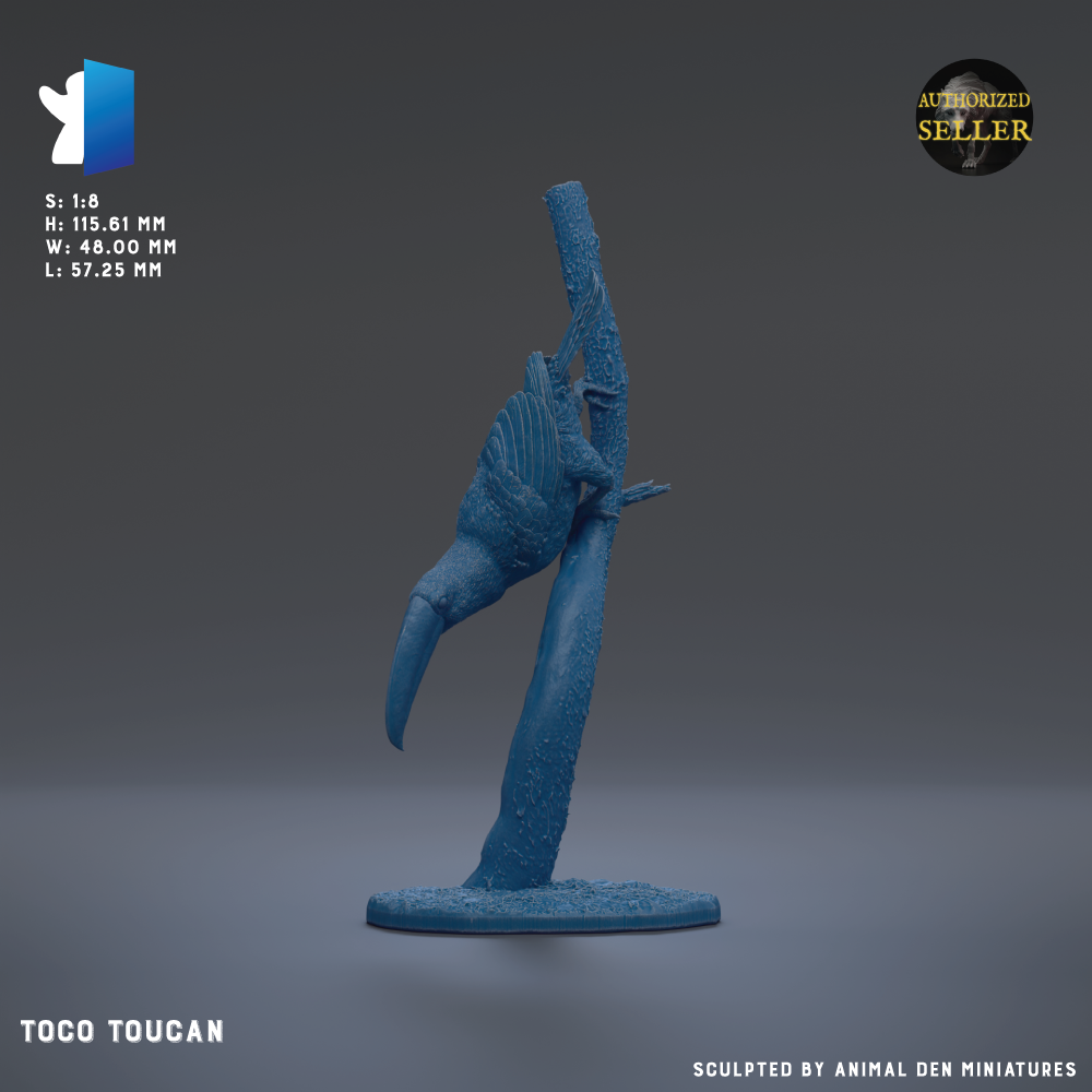 A blue figurine of a toucan perched on a branch, with a text overlay providing details about the figurine.