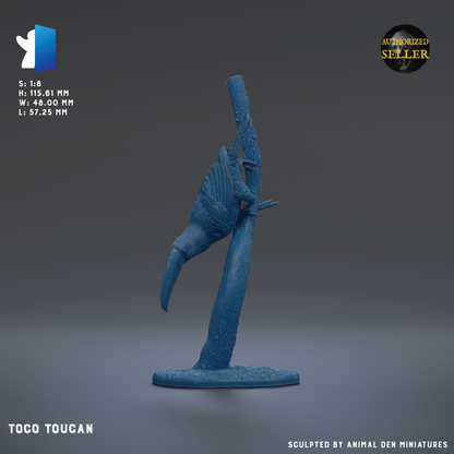 A blue figurine of a toucan perched on a branch, with a text overlay providing details about the figurine.