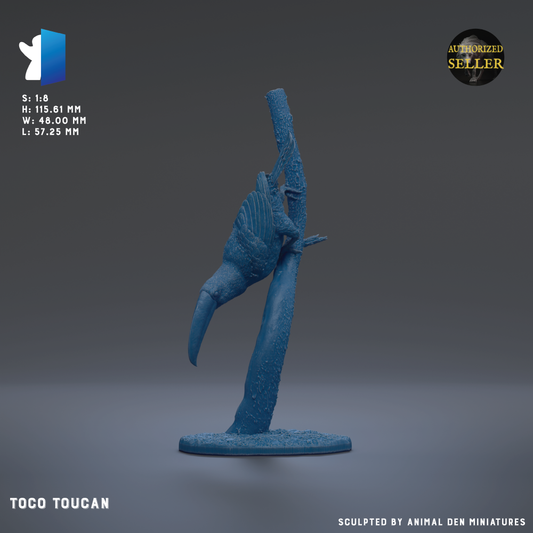 A blue figurine of a toucan perched on a branch, with a text overlay providing details about the figurine.