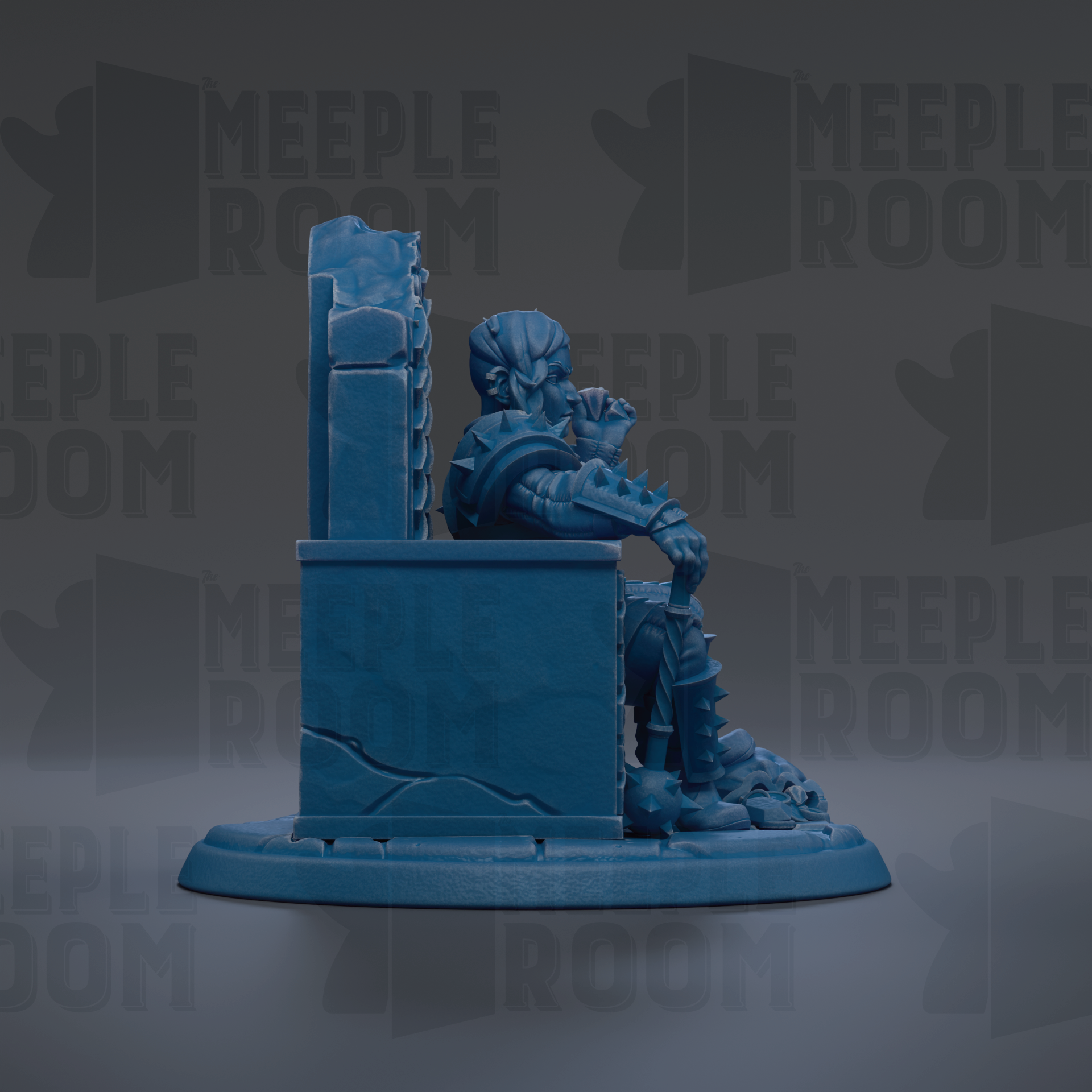 A blue figurine of a seated person, possibly a character from a fantasy or science fiction setting, is displayed against a dark background with repeated text.