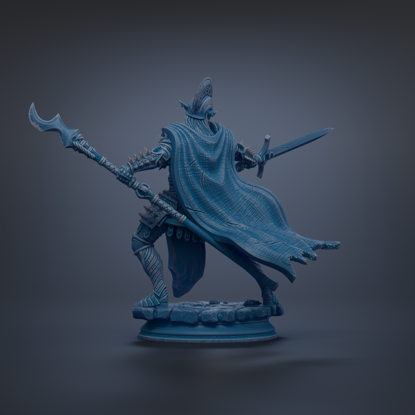 A 3D rendering of a warrior figure in a blue outfit, wielding a sword and shield, standing on a pedestal against a dark background.