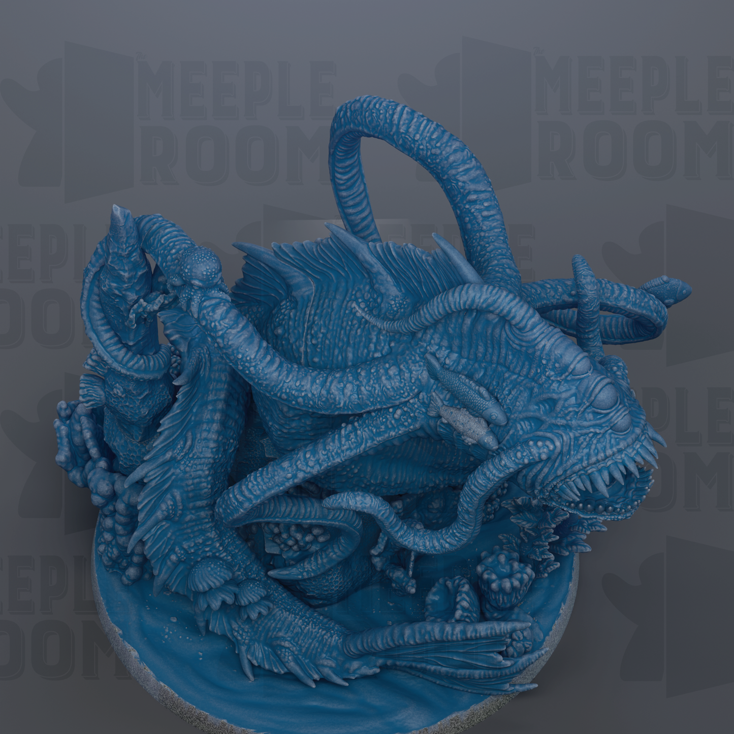 A large, intricate blue dragon sculpture with multiple tentacles and a fierce expression, set against a dark background.