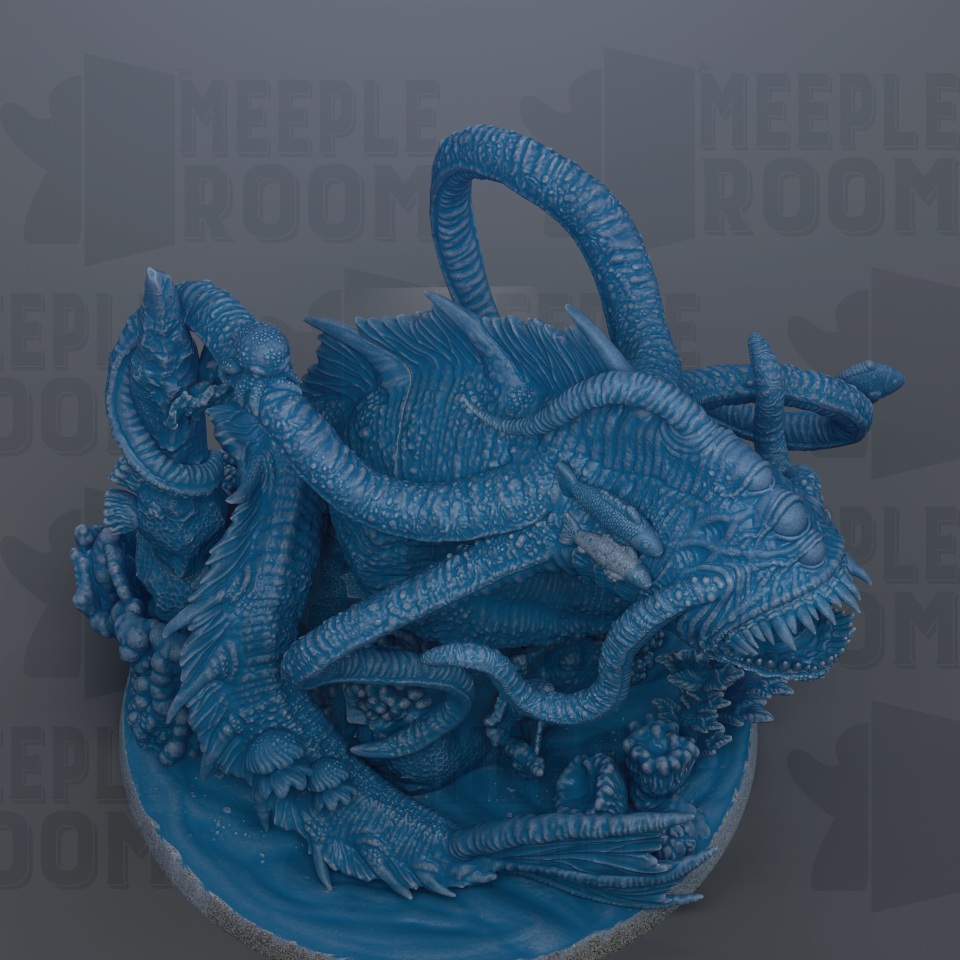 A large, intricate blue dragon sculpture with multiple tentacles and a fierce expression, set against a dark background.