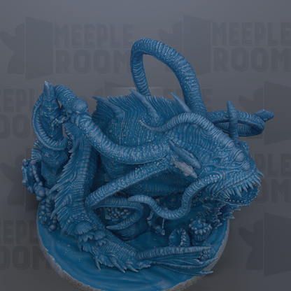 A large, intricate blue dragon sculpture with multiple tentacles and a fierce expression, set against a dark background.