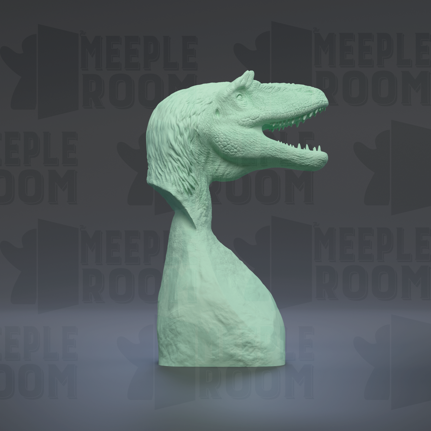 A green dinosaur head sculpture is displayed against a dark background with repeated text.