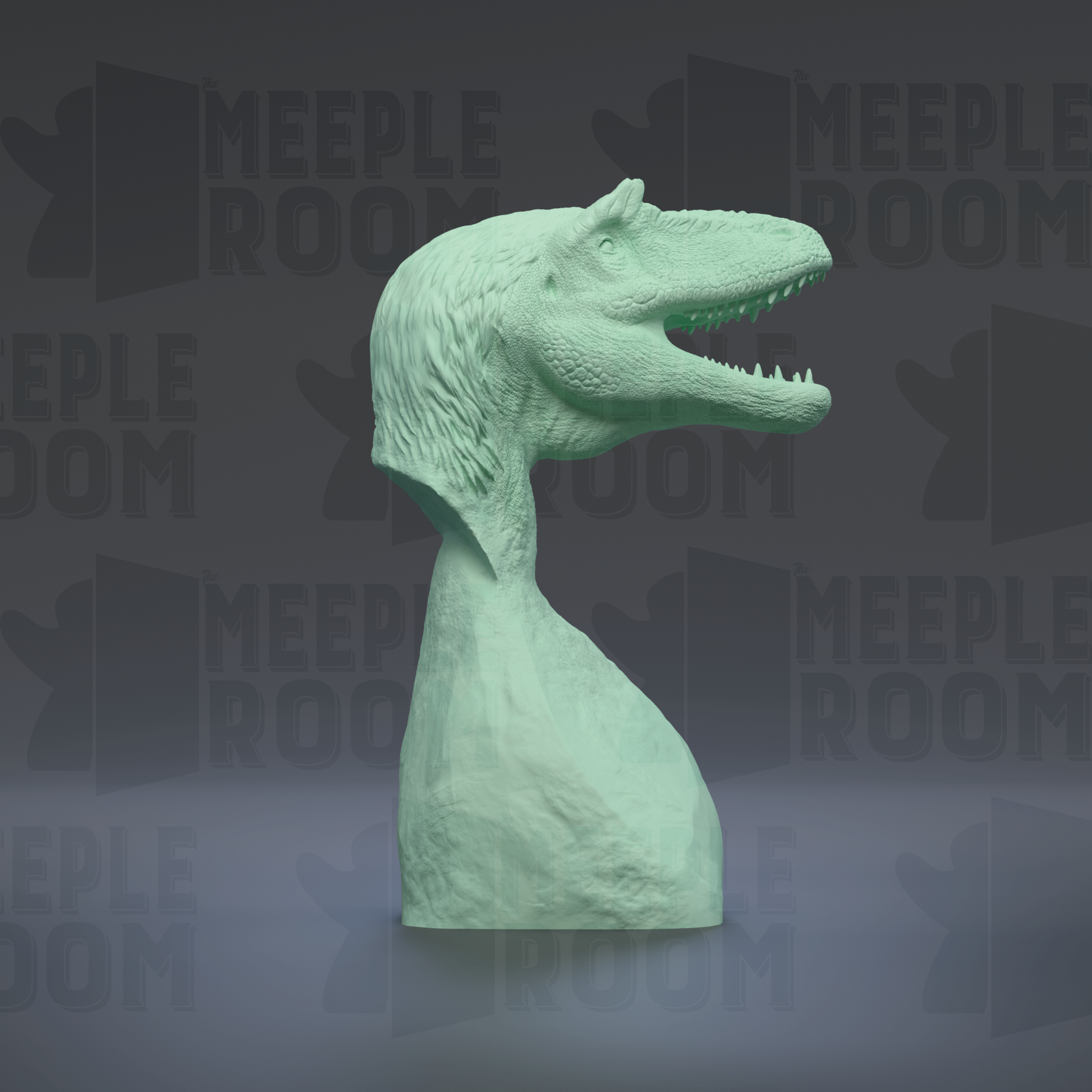 A green dinosaur head sculpture is displayed against a dark background with repeated text.